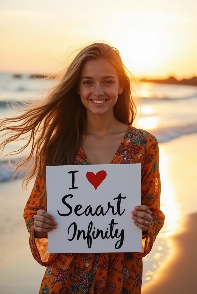 Beautiful girl with wavy long hair, bohemian dress, holding a white board with text "I Love Seaart Infinity" and showing it to the viewer