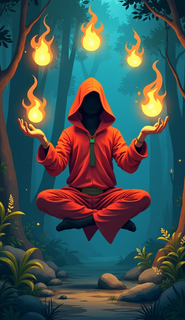 Rob Gonsalves/world of warcraft/Cuphead art style, vectorial, scribbles. The magician, dressed in a red hooded cloak, levitates in a lotus position and juggles magic balls. A forest in the background, simplistic design, RTX, hyper HD, cellshading, 32K, Ray tracing, The is well defined, Cartoon, Realistic, Drawing, Unreal Engine 5, rendering by octane, Shaders 3D，theelementoffire，Unleash the fireball，balls of fire ，Immortal feeling.

