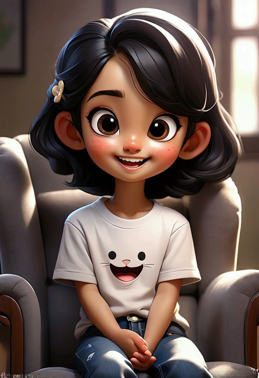 Cartoon close-up、Pop Surrealism、Realistic painting、Detailed anime soft face、cute漫画のキャラクター、cute漫画スタイル、cute漫画、cute!length、Straight black hair、Asian、What a beautiful smile!、4-year-old、Jeans on a t-shirt、Sitting in a chair