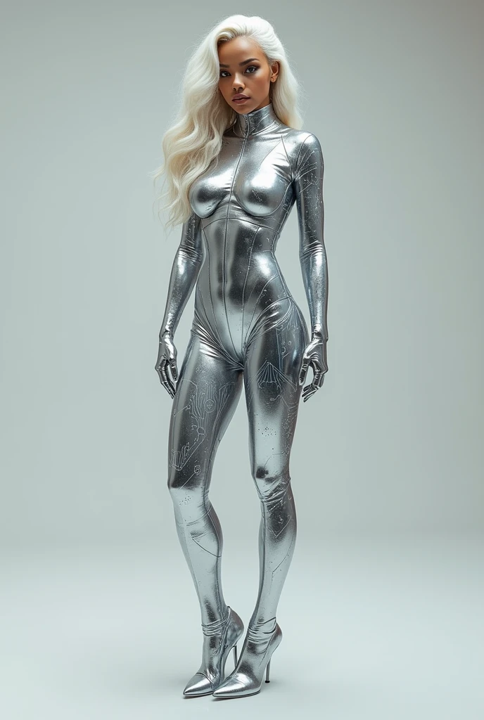 A full-body image of a stunning supermodel embodying advanced artificial intelligence, with the face inspired by Zendaya. She has beautiful, flowing white hair, and her entire body is covered in a smooth, metallic silver skin that is both her natural form and her 'attire.' This skin fits perfectly to her curvaceous silhouette, giving her a futuristic and elegant appearance. The skin is adorned with intricate lines and patterns resembling circuits and digital effects, simulating the flow of data and technology, as if her very body is a high-tech system. There are no additional clothes: her skin is her only covering, seamlessly blending with her AI-inspired design. The entire character is visible from head to toe, standing upright with a simple and clean background that highlights the model and her technologically advanced appearance. Her face is directly facing forward, exuding confidence and allure, and her eyes reflect the intelligence and power of advanced AI. sensuality