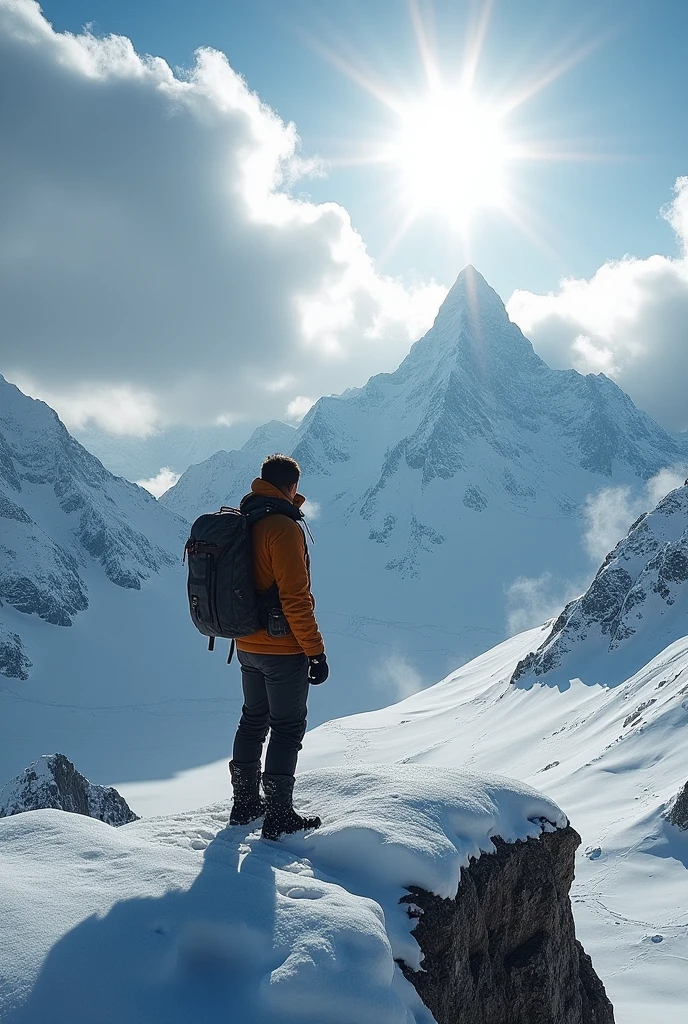 a man standing on the top of a snowy mountain, majestic snow-capped peaks in the background, sunlight streaming through clouds, cold wind blowing, stunning landscape, dramatic lighting, photorealistic, highly detailed, cinematic composition