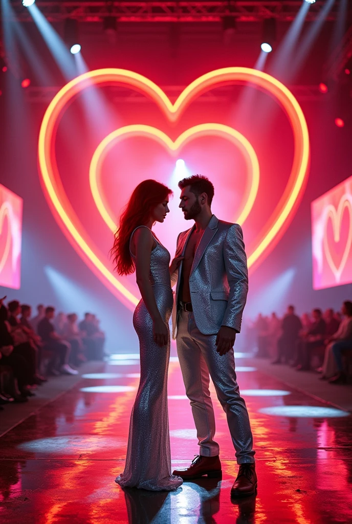 red-haired woman,with a red-haired man in shiny silver clothes,in a show with big screens and a big neon red heart structure with a catwalk