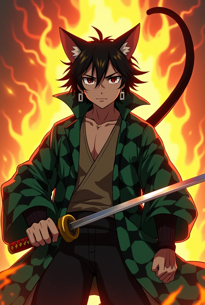 A live-action version of Demon Slayer, but it&#39;s a cat instead of a human.。
Behind him is a flame aura。
Tanjiro the cat is standing with a sword。
Green and black two-tone checked jacket。
Bruise on left forehead。
Rectangular earrings on both ears。