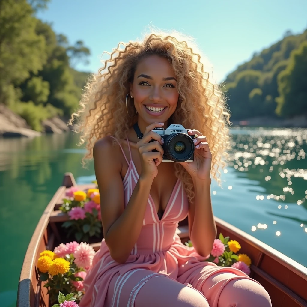 She is from the back she takes a picture of the back of the lake with a camera,Very long Curly hair blond, Toffee color skin, beautiful caribean toffee mixed woman of 26 years old with long blond curly hair and extremely detailled clear yellow eyes , She is sitting in a boat in a sunny lake with a flower in her hand and several flowers in her boat, She wears a sexy pink dress with white stripes, She takes a picture of the view of the lake around her