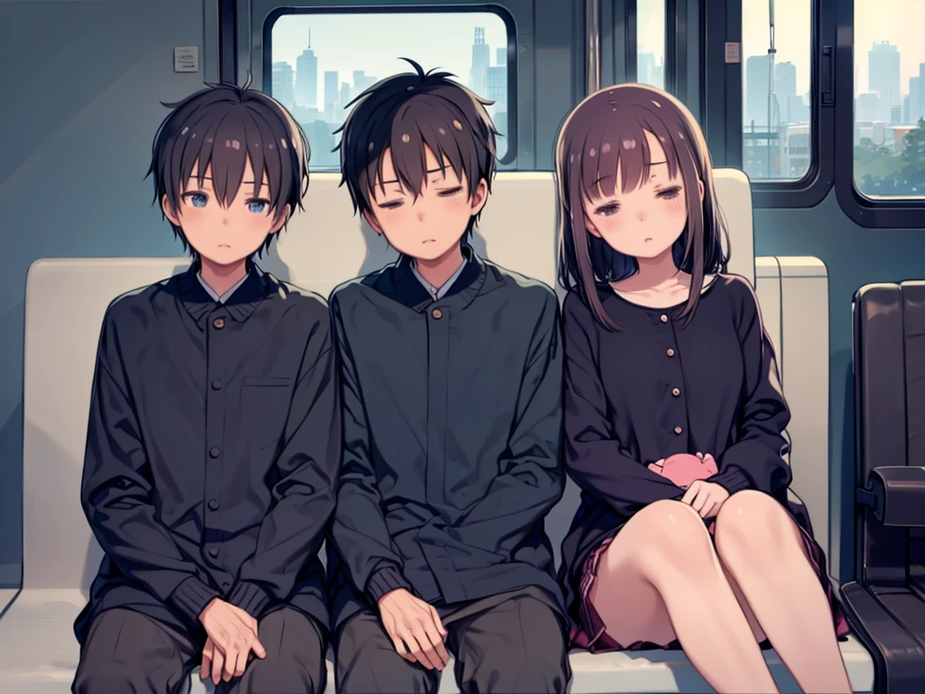 One girl and one boy、on the train、(Inside the car in the evening)、Girl and boy sitting on a bench、sit side by side、(A girl sleeps with her head resting on a boy's shoulder)、Girl with eyes closed and mouth slightly open、Blush boy、Sunset、