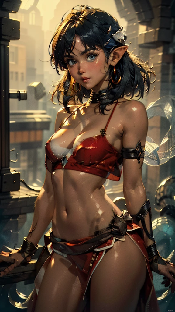 masterpiece, best quality, busty very attractive female elf adventurer, intense long white hair, standing outside in a glade, wearing v1csec, looking at viewer, sultry, blushing, (ultra-detailed body), cleavage, large breasts, in dynamic pose, bokeh, (intricate details, hyperdetailed:1.15), detailed, (extreme detailed, highest detailed), HDR+, cinematic, volumetric lighting, sunbeam, soft lighting, mystical, magical, rim lighting, fantasy, sparkle, glittering