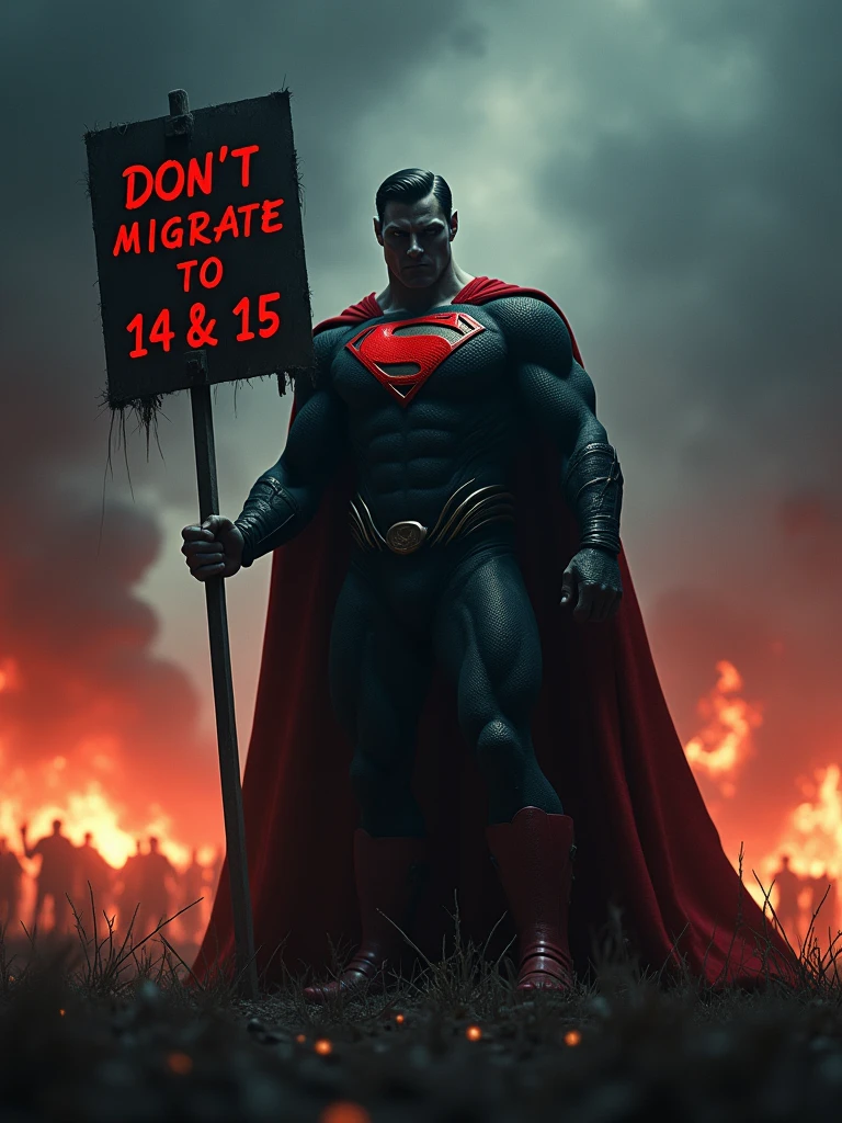 darkness apocalypse, full of vampires, werewolves, mages, hunters. They are war. Dark superman as main character held the sign "Don't migrate to 14 & 15". Realistic, 8K, render, cinematic lighting