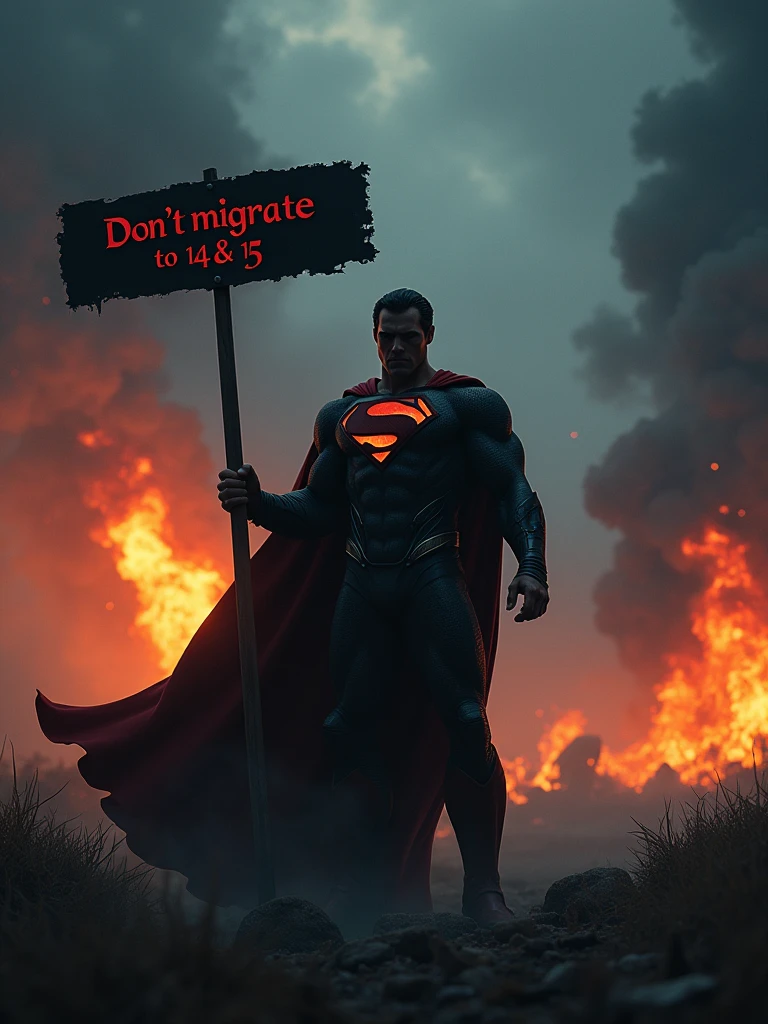 darkness apocalypse, full of vampires, werewolves, mages, hunters. They are war. Dark superman as main character held the sign "Don't migrate to 14 & 15". Realistic, 8K, render, cinematic lighting