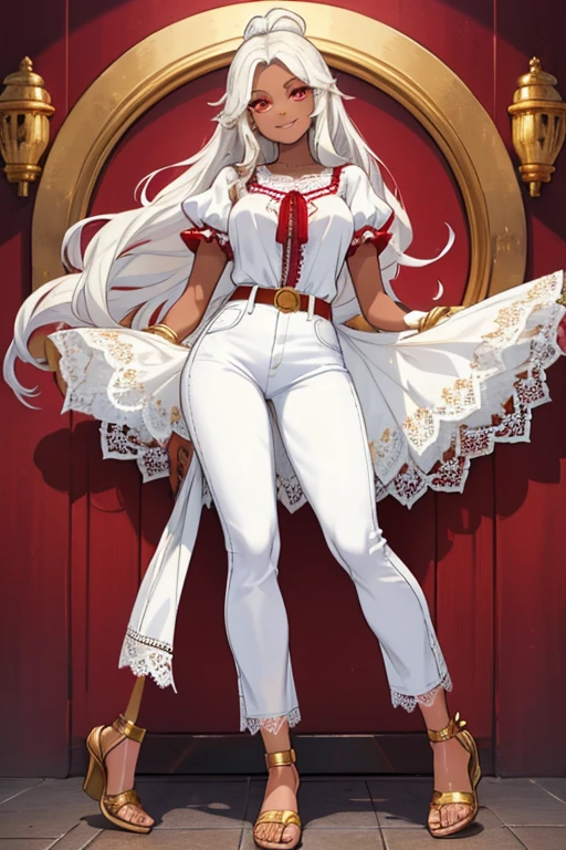 female, white long hair, red eyes, dark skin, (((1girl))), (((white short sleeve lace blouse))), (white denim pants), (gold low heel sandals), (gold belt), cute and sexy, full body, large breasts, long legs, smiling
