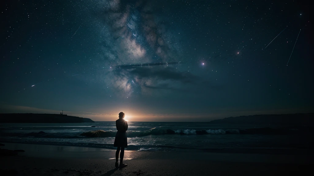 Create a scene that represents the interconnectedness of the universe, with a person standing in the foreground, sensing these cosmic energies