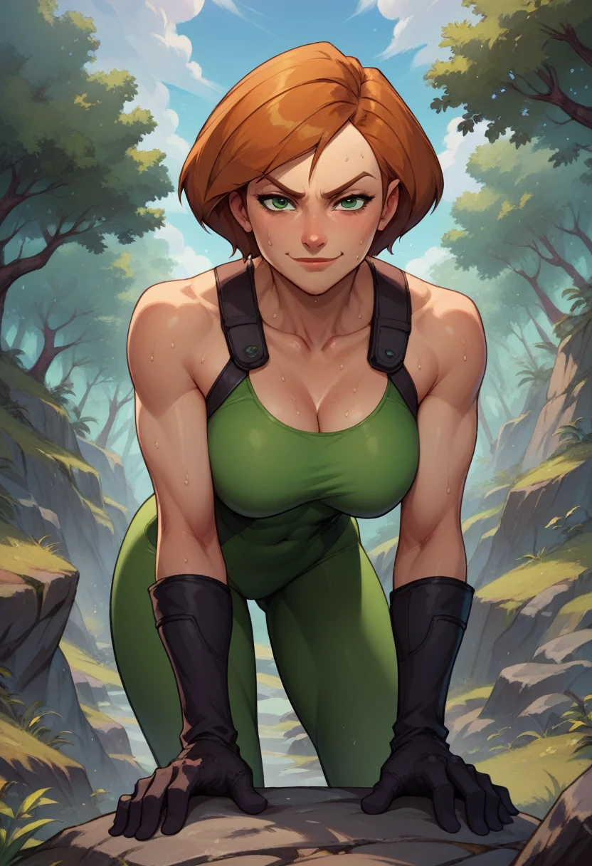 score_9, score_8_up, score_7_up, score_6_up, BREAK Ann possible, wearing climbing gear, gloves, big breasts, evil smirk, sweating, in a rocky forest area, looking at viewer, short hair, dark clouds, bending forward, front view