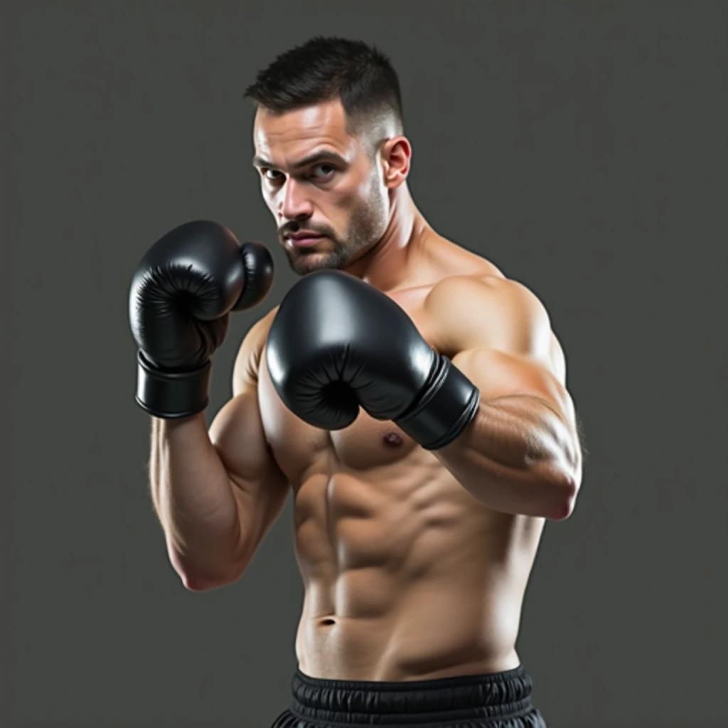 (masterpiece, top quality, best quality, official art,beautiful and aesthetic:1.2),(4k,8k, best quality,masterpiece:1.2),(((white background))), solo,Boxer, with muscular and powerful physique, holding black boxing gloves in both hands, represents a male boxer. The character has a clear and accurate structure, modern realistic representation, and consistent lighting that looks natural and believable.