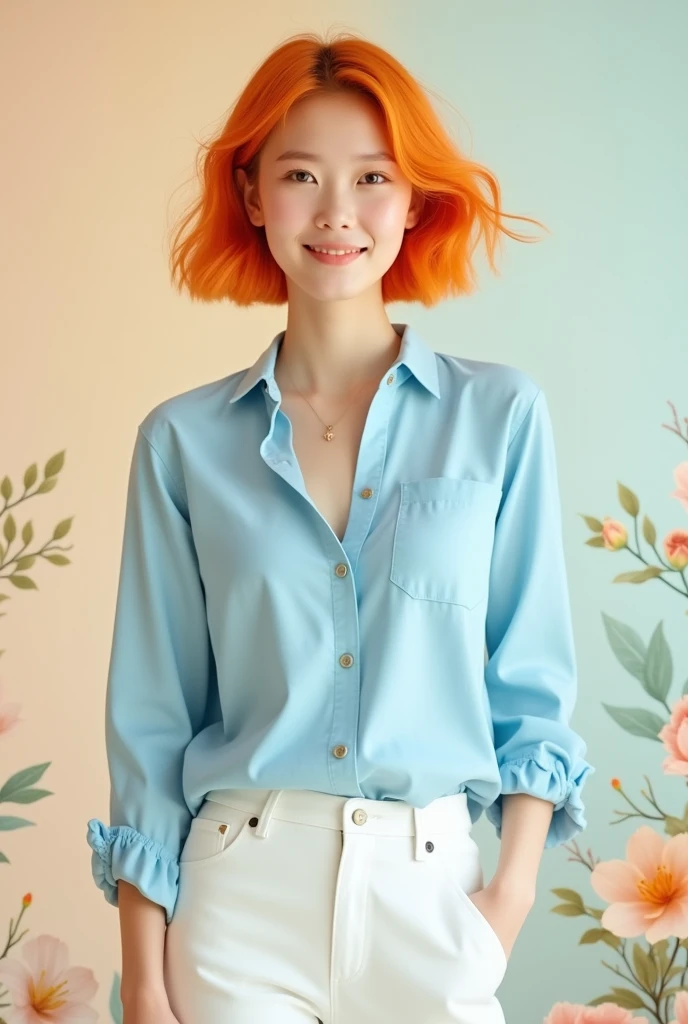 Une image en taille réelle d'une , aux cheveux courts orange, portant un chemisier manches longues bleu clair et un pantalon blanc.