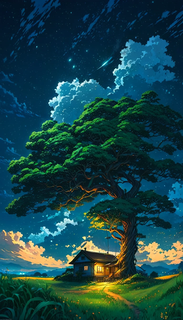 painting of a house under a tree in a field at night, makoto shinkai cyril rolando, anime art wallpaper 4k, anime art wallpaper 4 k, cyril rolando and goro fujita, anime background art, anime background, anime nature, by RHADS, anime art wallpaper 8 k, anime beautiful peace scene, anime landscape wallpaper