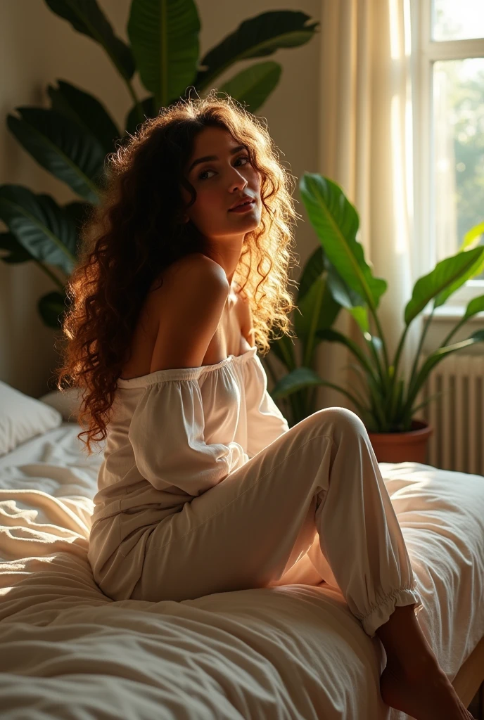 (photorealism:1.2), beautiful woman, sitting on bed, wearing loose off-shoulder top, pajama pants, long curly hair, indoors, soft lighting, plants in background, window with sunlight, cozy room, relaxed pose, realistic, intricate details, warm colors, by Greg Rutkowski, by Alphonse Mucha