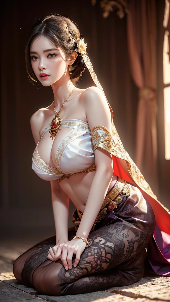 (RAW photos:1.2), (realistic:1.4), (Masterpiece:1.3), (best quality:1.4), Ultra high resolution, (Detailed eyes), (Detailed facial features), (Detailed clothing features), HDR, 8K resolution, focus only, Dressing according to Thai tradition, Traditional shawl, Some are clear, See through breasts, ผ้าSome are clearพันปิดหน้าอก, 1 woman , big breastโต, A gigantic rift, big breastsดันเสื้อผ้า, big breast, The breasts are fully grown.., Make your breasts bigger.., small waist, small thighs, Long legs, Facing the audience, full body, depth of field, Cinema-grade lighting system, big breast,  Too big for your body, Revealing a flat stomach, The lower half of the chest is visible., sexy sitting position, Image from a very low angle