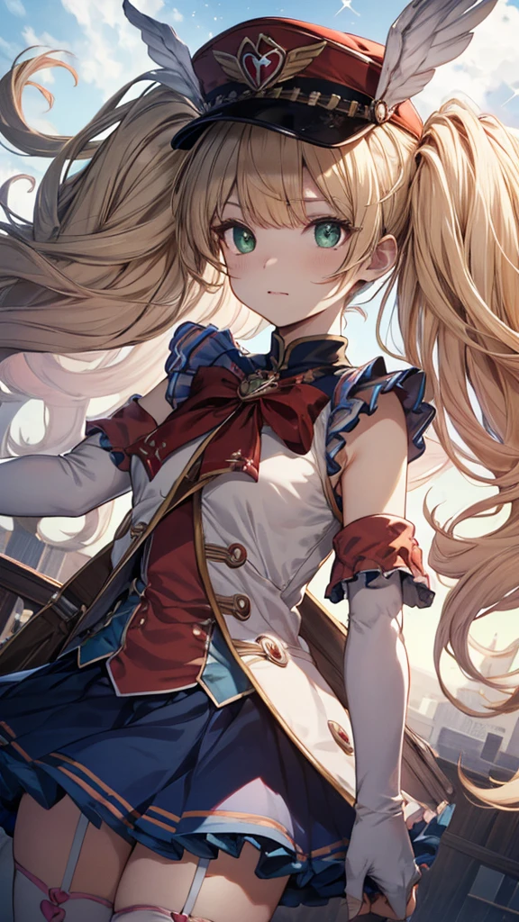 weisswindval, twintails, peaked cap, green eyes, blue skirt, white thighhighs, elbow gloves, masterpiece,Noise Reduction,perfect anatomy,high resolution, ultra-detailed, ultra-detailed face,game cg,dutch angle ,beautiful detailed eyes,visualart,five fingers, perfect hands, perfect lighting, sparkling pupils,