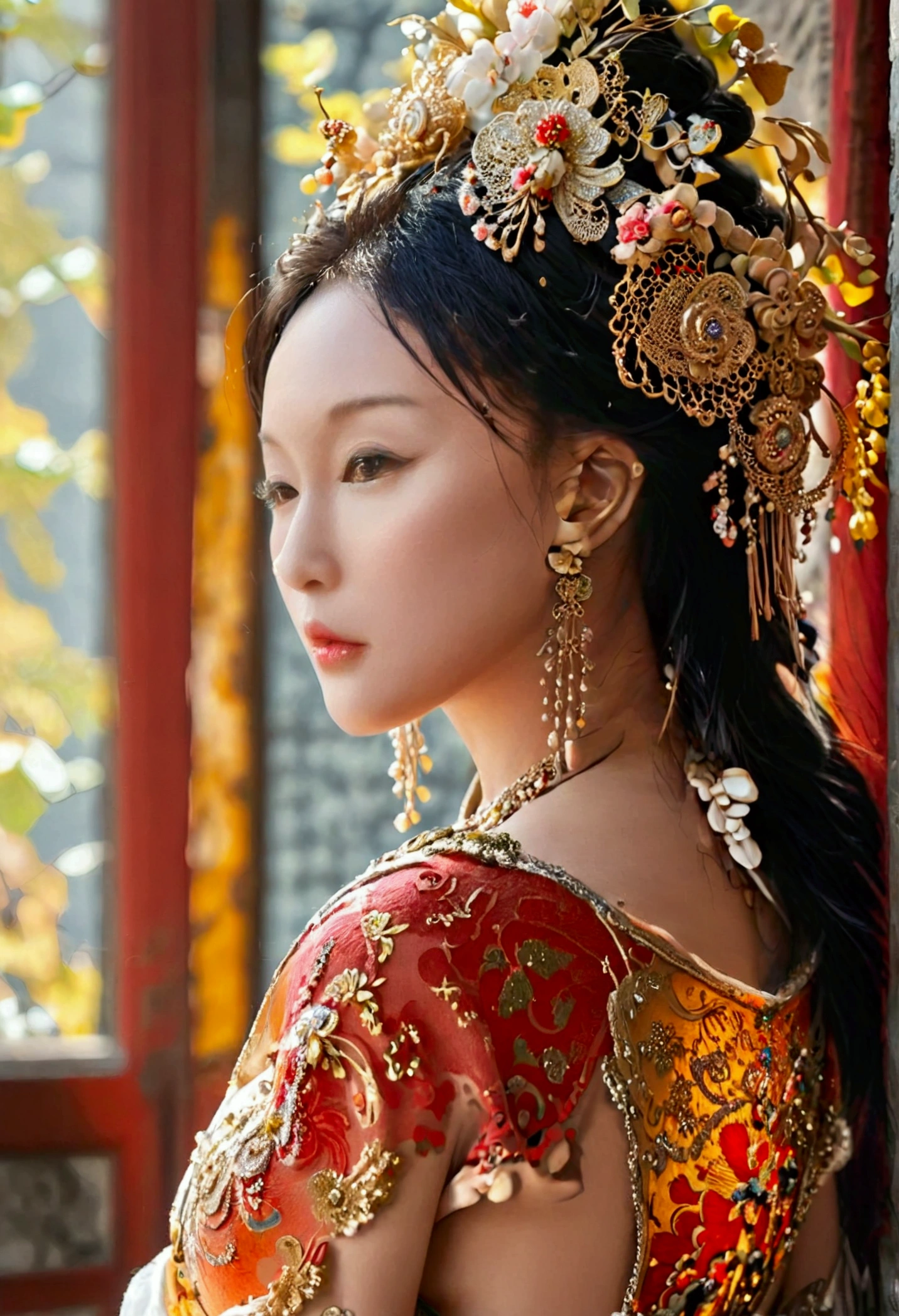 A naked woman from the Qing Dynasty has rather large breasts and her buttocks are sticking out, as seen from her profile., The background is outside the Qing Dynasty Palace