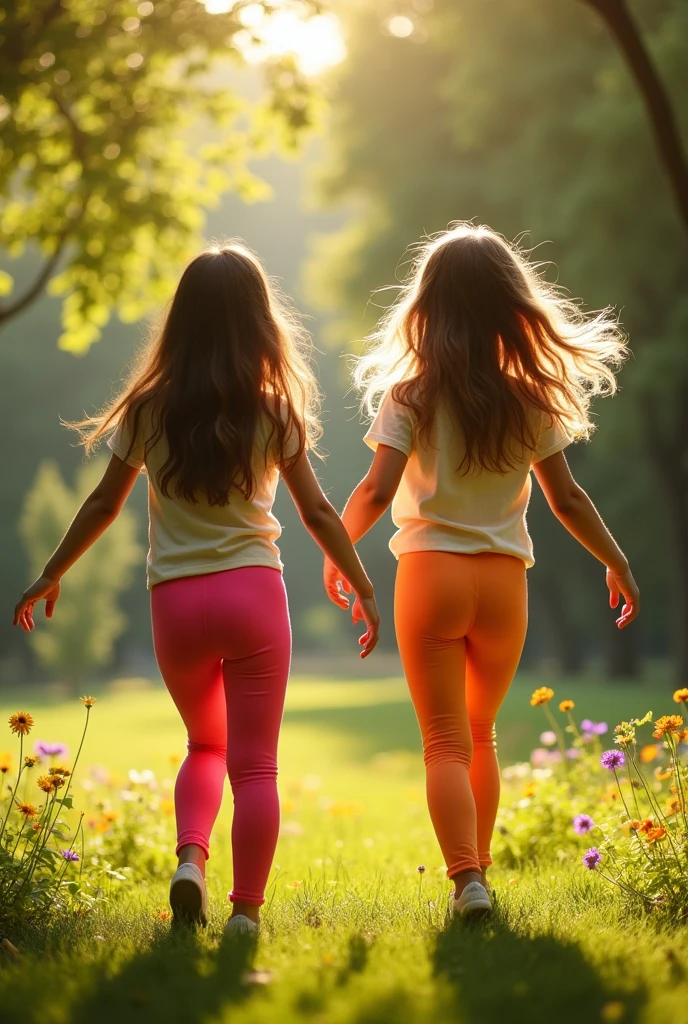 Two girls, backside view in leggings