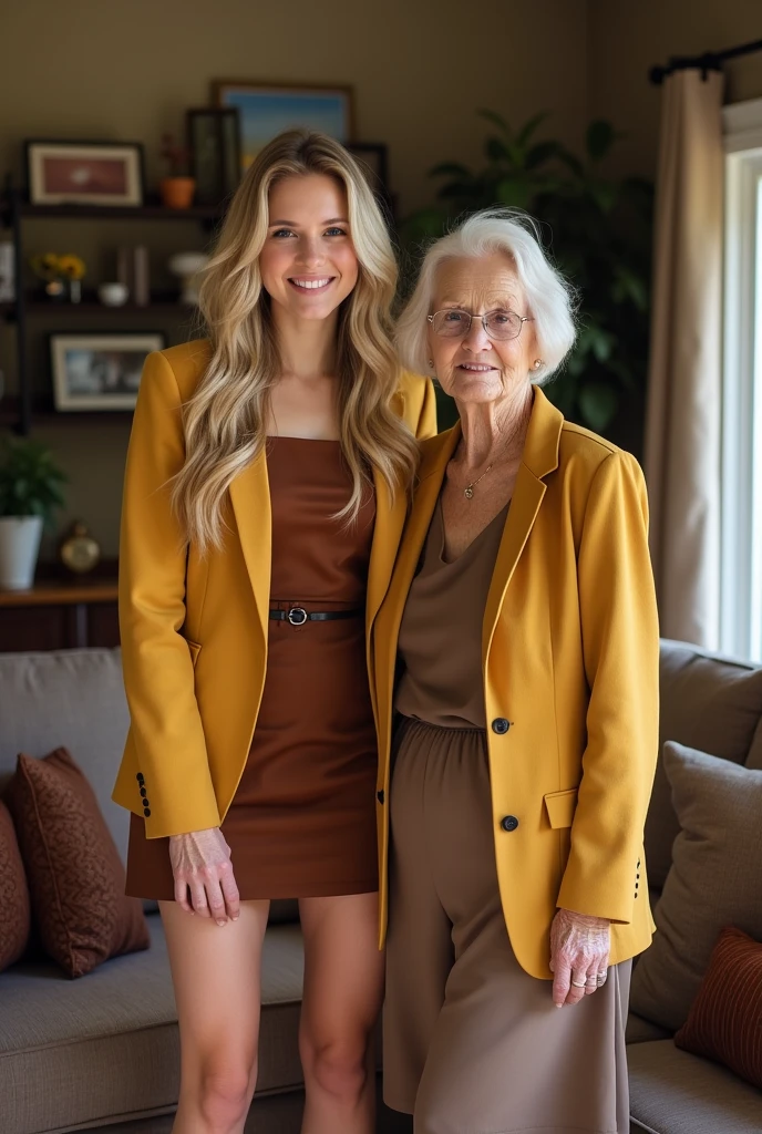 Create a realistic image of a 20 year old woman, Long blonde hair, Blue eyes, cheekbones, ((full body)), dress with a brown colored dress, black colored heels, a colored blazer jacket mustard yellow, next to his grandmother, background image: a living room, head to toe, full body