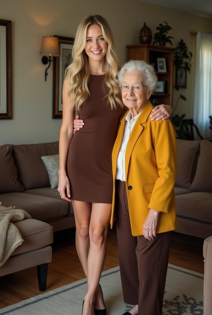 Create a realistic image of a 20 year old woman, Long blonde hair, Blue eyes, cheekbones, ((full body)), dress with a brown colored dress, black colored heels, a colored blazer jacket mustard yellow, next to his grandmother, background image: a living room, head to toe, full body