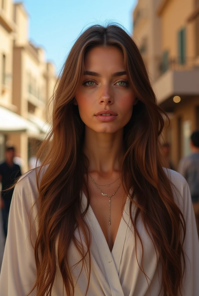 (photorealism:1.2), beautiful woman, arab natural brown long straight hair with natural green forest eyes, bunny kind features, very natural, standing in Amman, Jordan