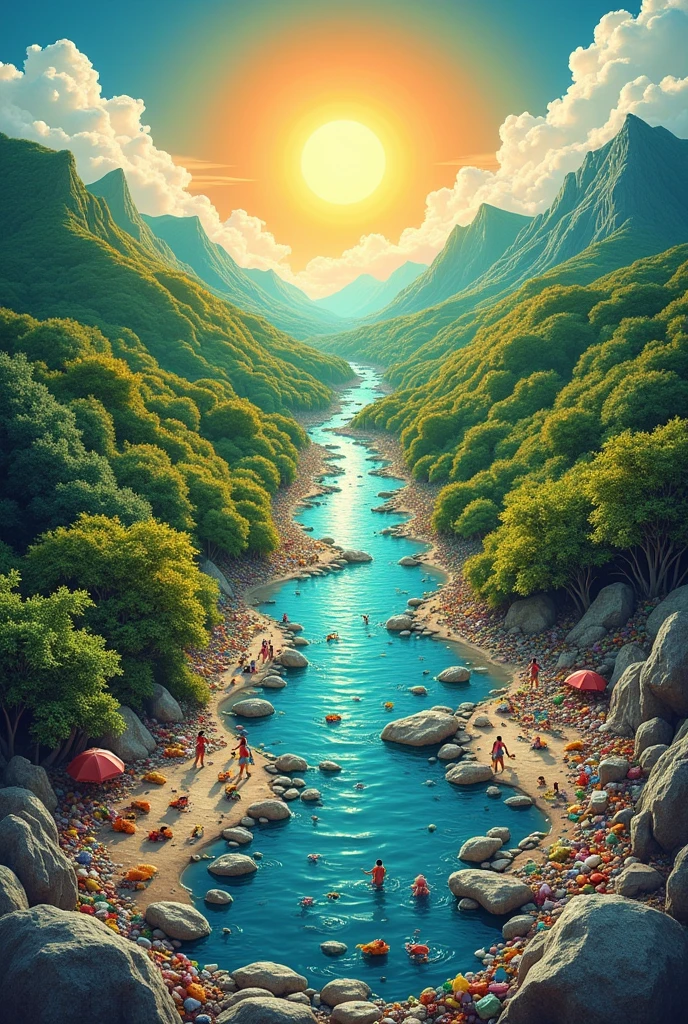 the poster divided the image into two sides. On one side, there is a vibrant, healthy planet with lush vegetation, clean rivers, and thriving wildlife. the other side of the planet as completely plastic is totally desolate, with plastic bags littering the floor, choked rivers, and harming animals.