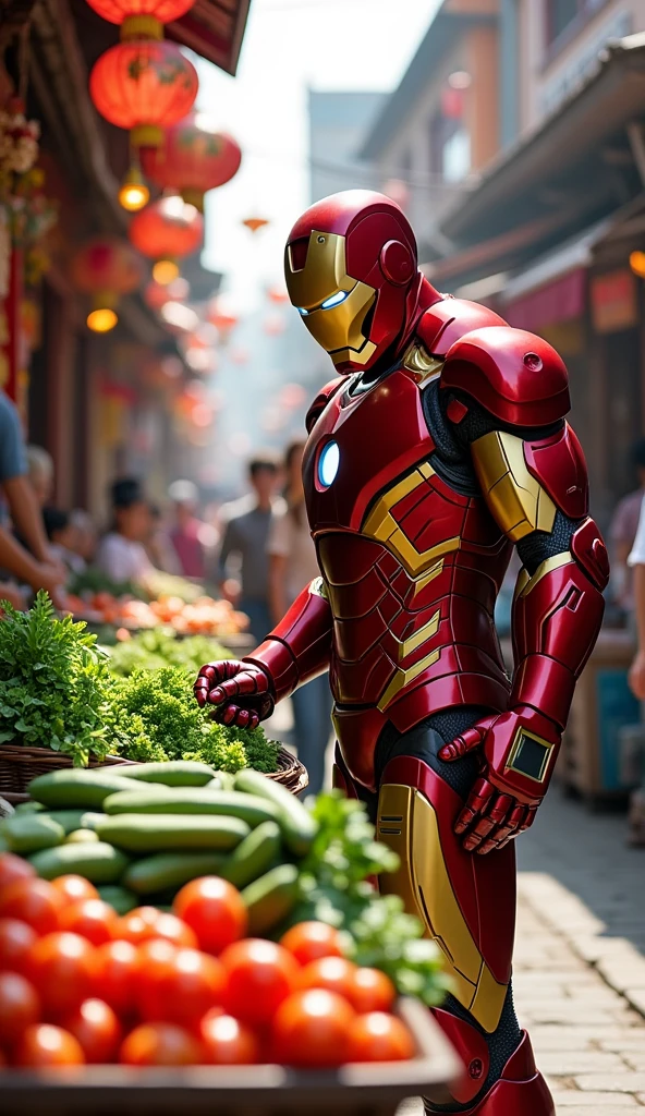 Iron Man is shopping at a traditional market, choose fresh vegetables.