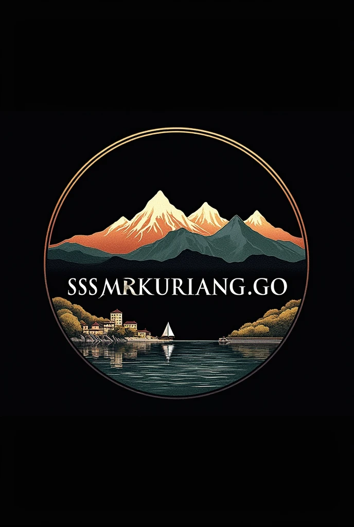 a circle logo, a mountains and village with a boat, "SSSANGKURIANG.GO" text in the middle, black background, detailed logo design, intricate design, minimalist style, clean lines, (best quality,4k,8k,highres,masterpiece:1.2),ultra-detailed,(realistic,photorealistic,photo-realistic:1.37),professional,vivid colors