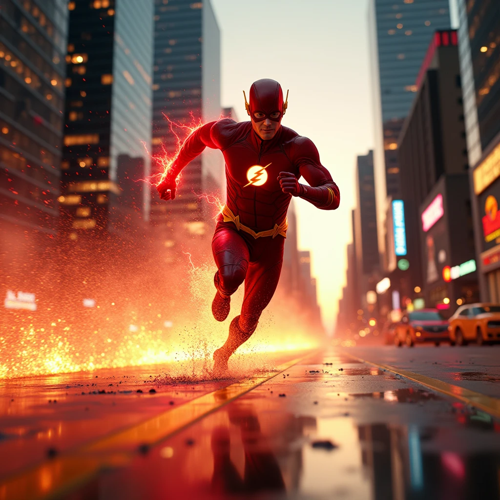 The flash running through the city, extremely realistic,red lightning trail,slow mo image, ray tracing 