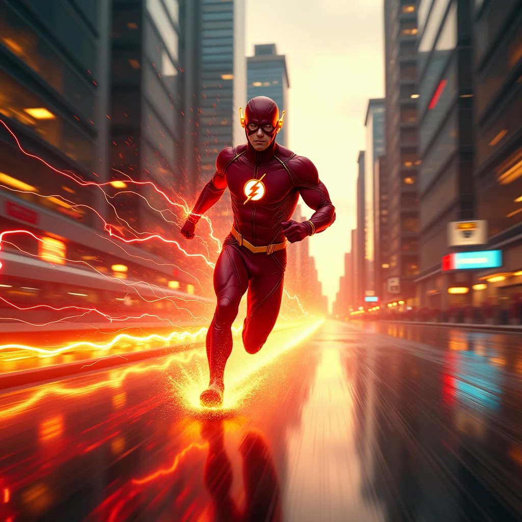 The flash running through the city, extremely realistic,red lightning trail,slow mo image, ray tracing