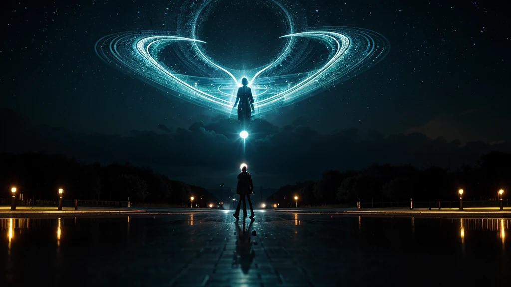 Depict a person at a mystical intersection, with each path glowing and leading to different symbolic destinations