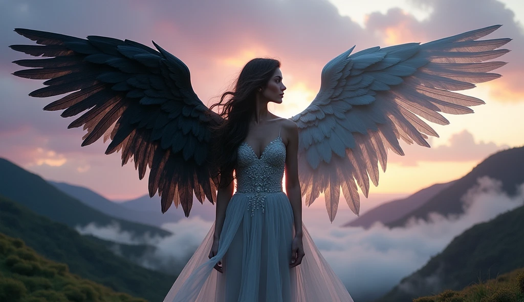 A woman with a wings that have a color of black in the left and white in the right