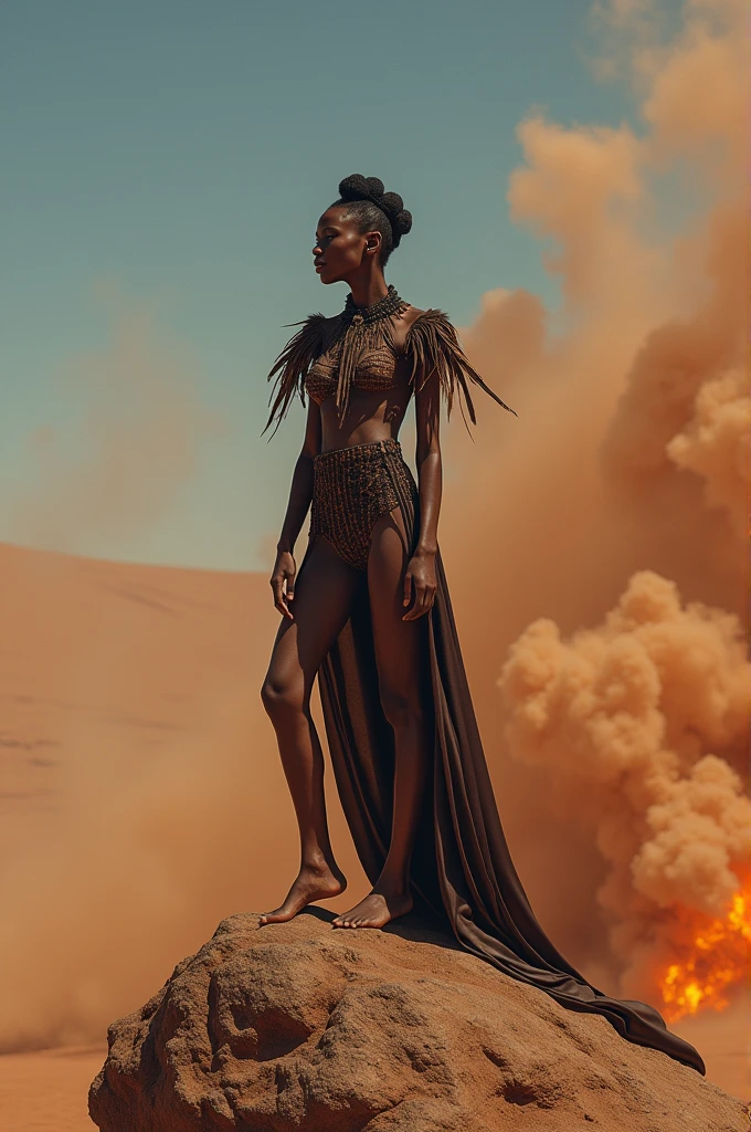 ((best quality)), ((masterpiece)), (detailed), perfect face A indian model wearing iris van herpen stands on a rock in the desert, with lava on the rock, feathers on her shoulders, In the middle of the picture is a swirl of sand, classical clean, smoke, Earth surface, cosmic background, hyper wide shot, hyperrealistic, photographic works, detailed, minimalism, --v 6.1 --ar 16:9