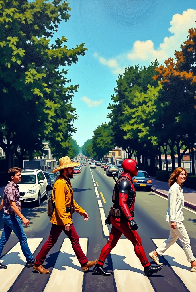 Make a picture of the Beatles crossing the street and recreate it with Van Gogh, Deadpool, and Mona Lisa crossing the street