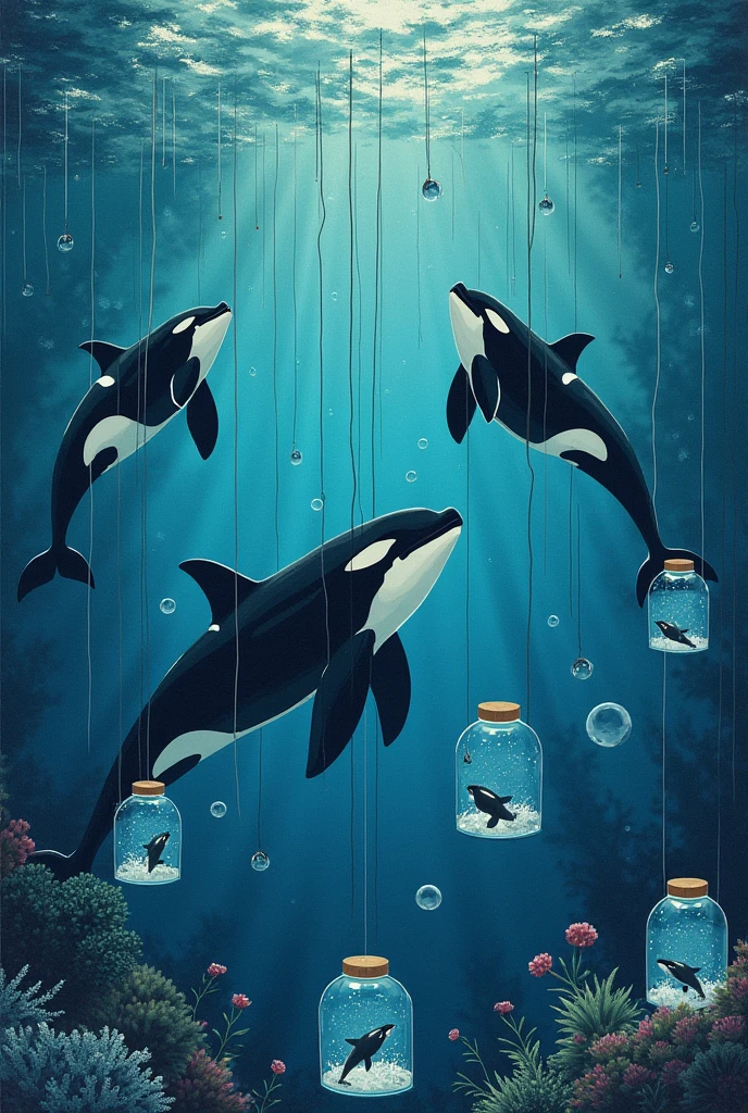 textile repeatable  print design on capture killer whale awareness in which some whale are tied in water ropes and some whales  are in fish small glass jars some whale  are performing stunts and sad 
lonely feel is given 