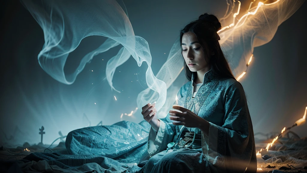 Illustrate a person connected to their spiritual heritage, with faint, ghostly figures representing ancestors offering guidance