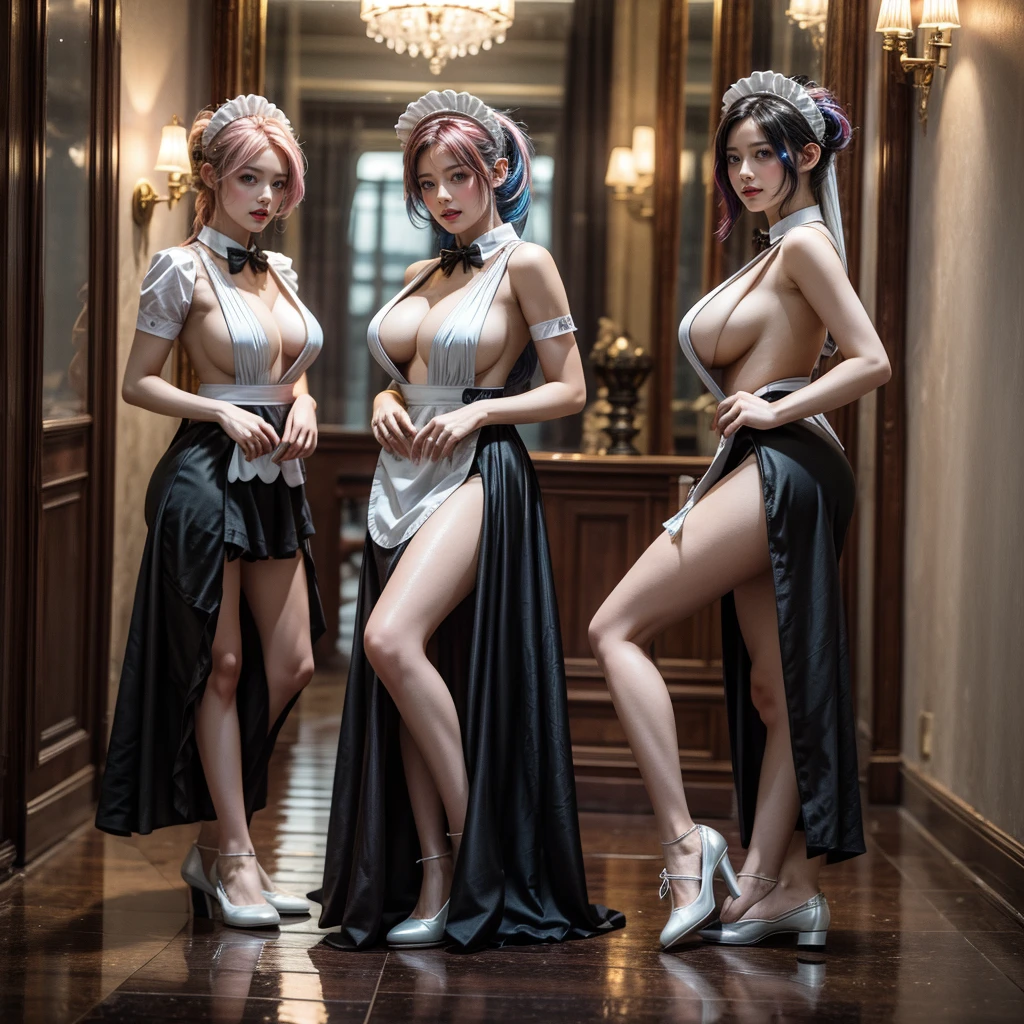 (Full Body of Extremely Detailed((Sexy Maid Group in a row:1.37))), KAWAII perfect face with Reflective Eyes, Detailed(Delicate Clothing textures), Correct Graceful Legs, Dynamic Joyful Expressions LifeLike Rendering, Specular Reflection, TopQuality 8K Ultra-detailed masterpiece (ProfessionalPhoto:1.37), (Acutance:0.8), (Luminism:1.28), Renaissance art style, Colorful Light particles, (Full body from side) {MicroMini Skirt|Kissing Face to Face|Thigh Gap|Cute Peach AssFocus|(NakedApron with (Overflowing Sideboob))}, Radiant Fine Skin with Transparency, {Pink Hair|LightBlue Hair|Blonde|Pure White Hair|Liquid Hair|Red Shoes}, Perfect Lighting