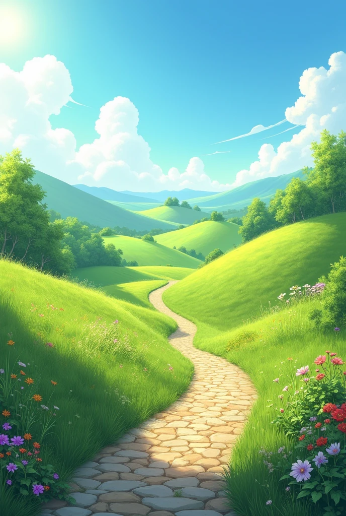 a landscape where you see little mountains, a park-like path without people, you can add a title that is "ARventure"