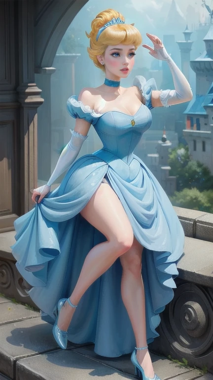 ((1 girl)), Masterpiece, (high quality, best render), (beautiful girl, cinderella), (bomb, pin-up style), hot, floss, perfect body, 4k hd, disney princess, beautiful female princess, anime princess, hd artwork, official art, disney cartoon, beautiful princess, large breasts, sexy pose, vibrant colors, she has pale skin cinderella, disney character, disney character style, disney's princess, disney art style, disney artstyle, anime princess, fantasy, on a giant chessboard, a cartoon princess in a short blue dress, long thin legs,