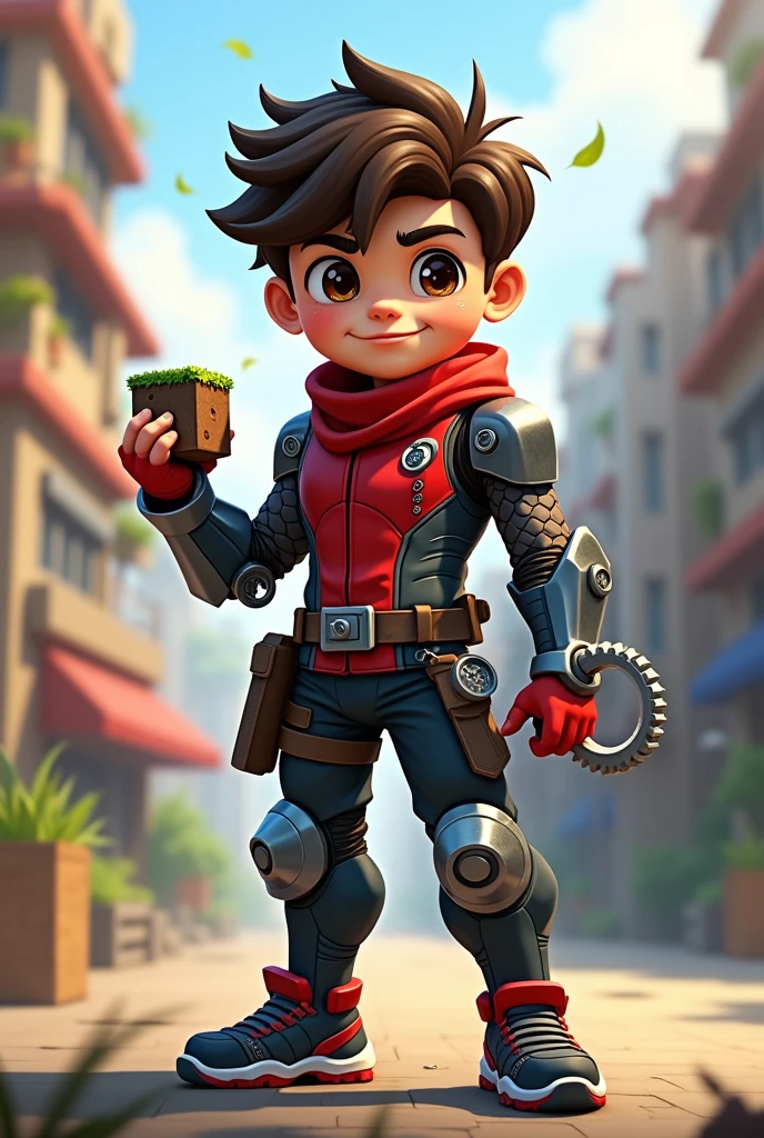 Boy human half cyborg ninja blurbackground fullbody holding minecraftdirt on lefthand and holding cog on righthand 2d cartoon