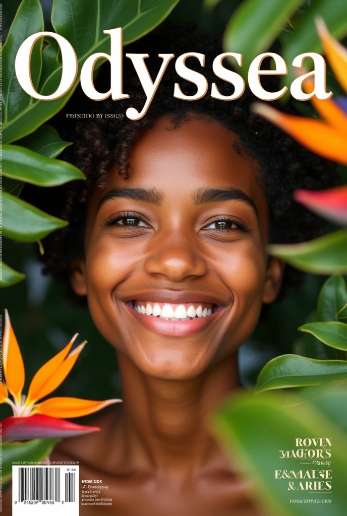 Hi, can you help me create a tourism magazine cover but only the head is included? (magazine cost, issue date, Barcode) under the name of Odyssea magazine, 
