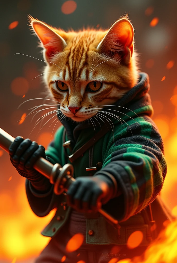 A live-action version of Demon Slayer, but it's a cat instead of a human.。
Behind him is a flame aura。
Tanjiro the cat wearing gloves。Standing with a sword。
Green and black two-tone checked jacket。
Bruise on left forehead。
Rectangular earrings on both ears。
