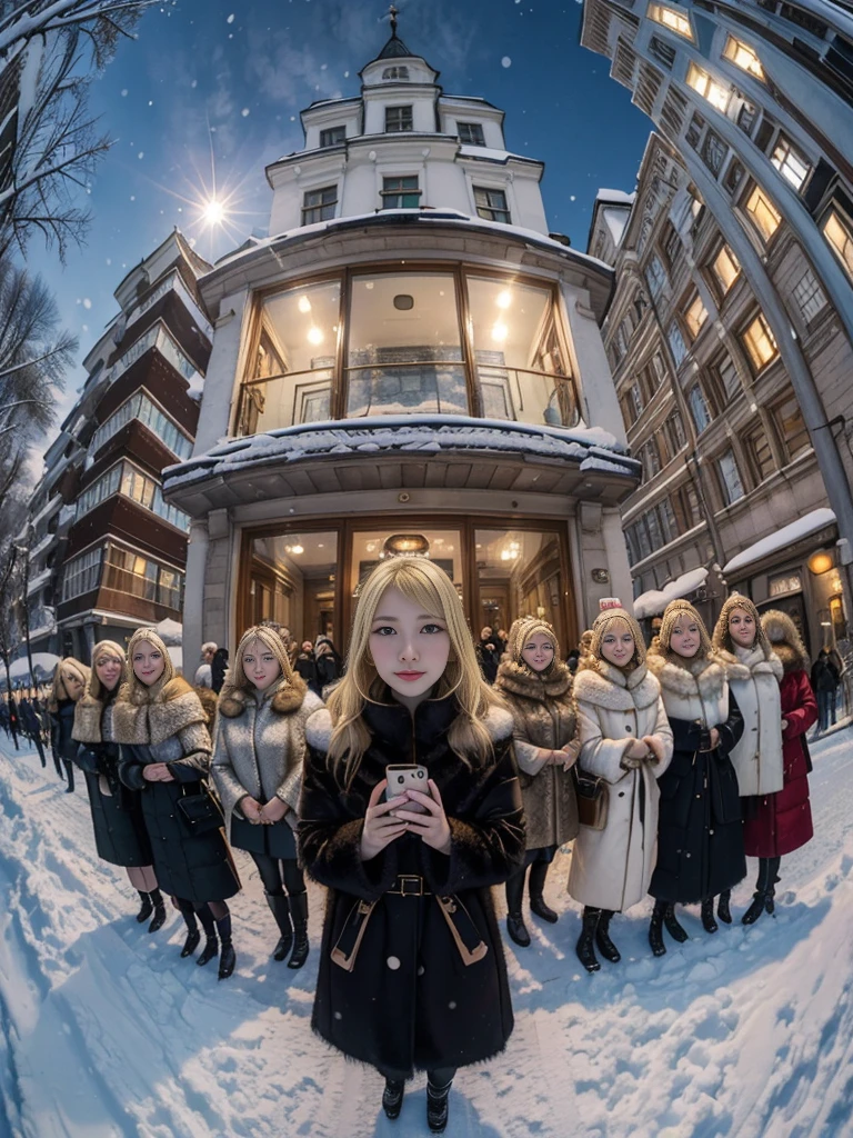 Winter street corner in Russia、snow、Women wearing luxurious furs。(((Blonde、Fisheye Lens))),fur cape、Looking at this、(((Staring at the photographer、Five women)))、Fur coat。