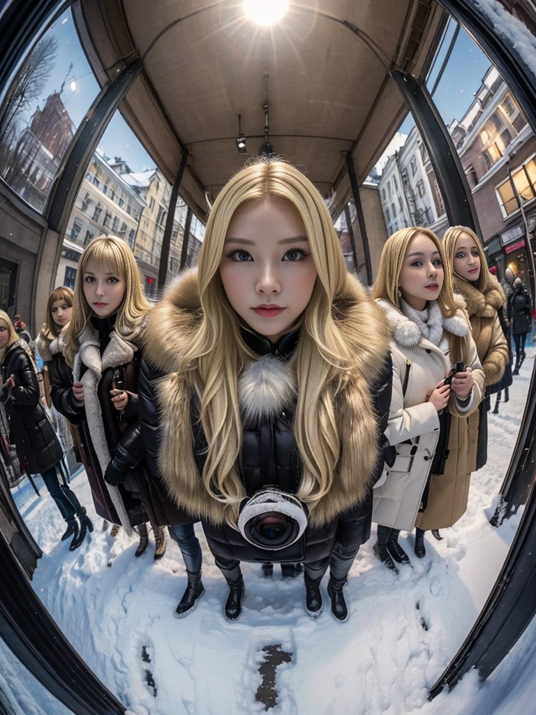 Winter street corner in Russia、snow、Women wearing luxurious furs。(((Blonde、Fisheye Lens))),fur cape、Looking at this、(((Staring at the photographer、Five women)))、Fur coat。
