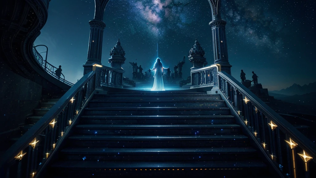 a person climbing a staircase made of light, leading up to a higher plane filled with stars, energy, and otherworldly beings, digital art, fantasy, cinematic lighting, intricate details, vibrant colors, surreal atmosphere, magical, epic, masterpiece, ultra-detailed, 8k, photorealistic, dramatic lighting, glowing staircase, ethereal, mystical, breathtaking, awe-inspiring