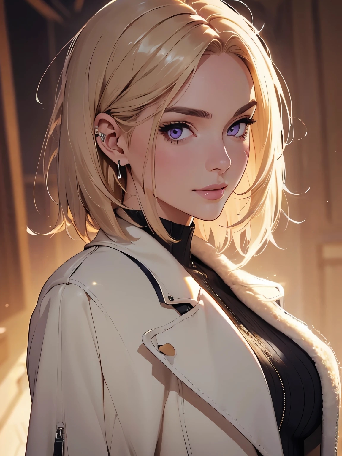 hyper-realistic of a charming woman with short, blonde hair, long bob hair, piercing purple eyes, trunk, beige coat, ((light hair)), ssmile
