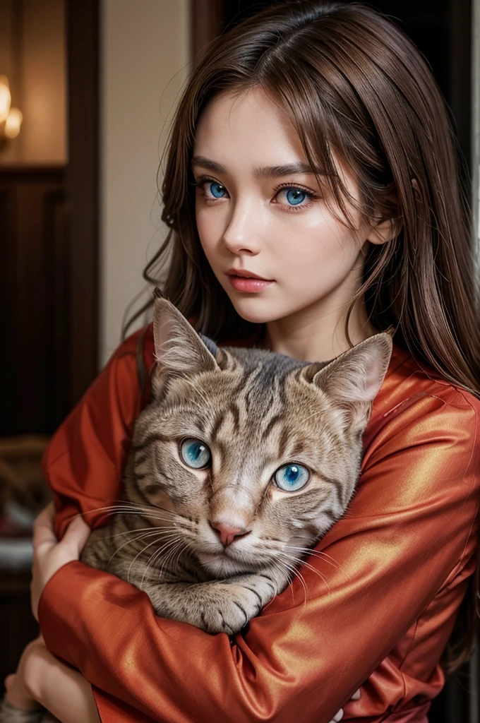 Lots of details, girl and cat, girl eyes looking straight at the camera, girl wearing brown plush headband, bear's ears hair ornament, cat side face, russian blue cat, blue cat, solid color cat, 4K, sunlight beam