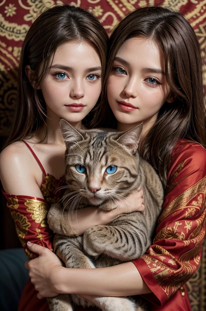Close-up of an elegant young brown-haired woman hugging a cat. The young woman was wearing a red dress with batik decorations.. Medium cat with metallic grey fur and blue eyes.
