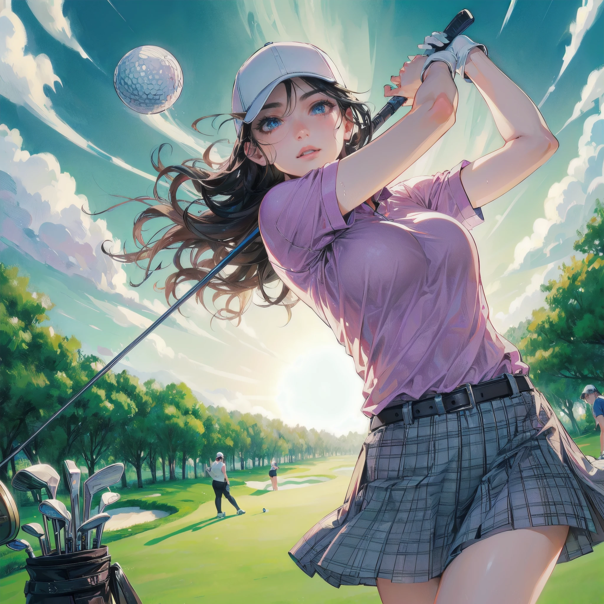 masterpiece, (textured skin), best quality, gorgeous beautiful girl, (a female golf athlete), detailed clothes,large breasts,narrow waist,, (beautiful face), cinematic lighting, (at golf venue ),